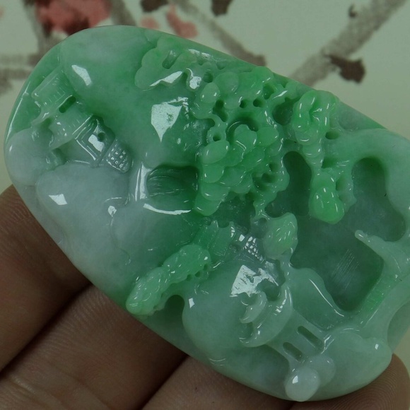 Cert'd Green Natural A Jade jadeite Pendant Carved Landscape 山水 - Picture 4 of 8